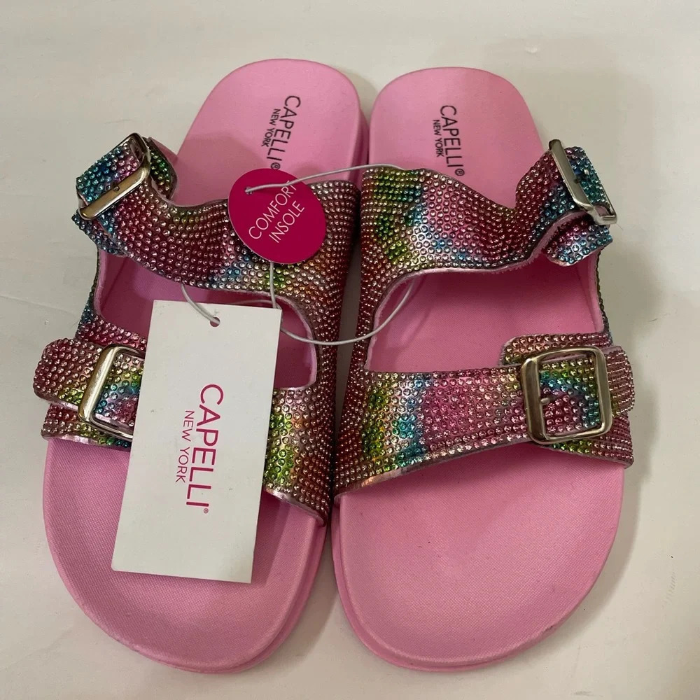 Girls Pink Shimmer Double Strap Slip-On Sandal